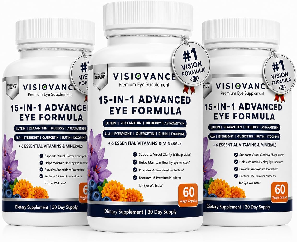 Visiovance 15 in 1 Advanced Eye Formula (3 Bottles) Visiovance Eye Formula | Digital Eye Strain &amp; Night Driving Clarity, All 3 Carotenoids (Lutein, Zeaxanthin), Bilberry