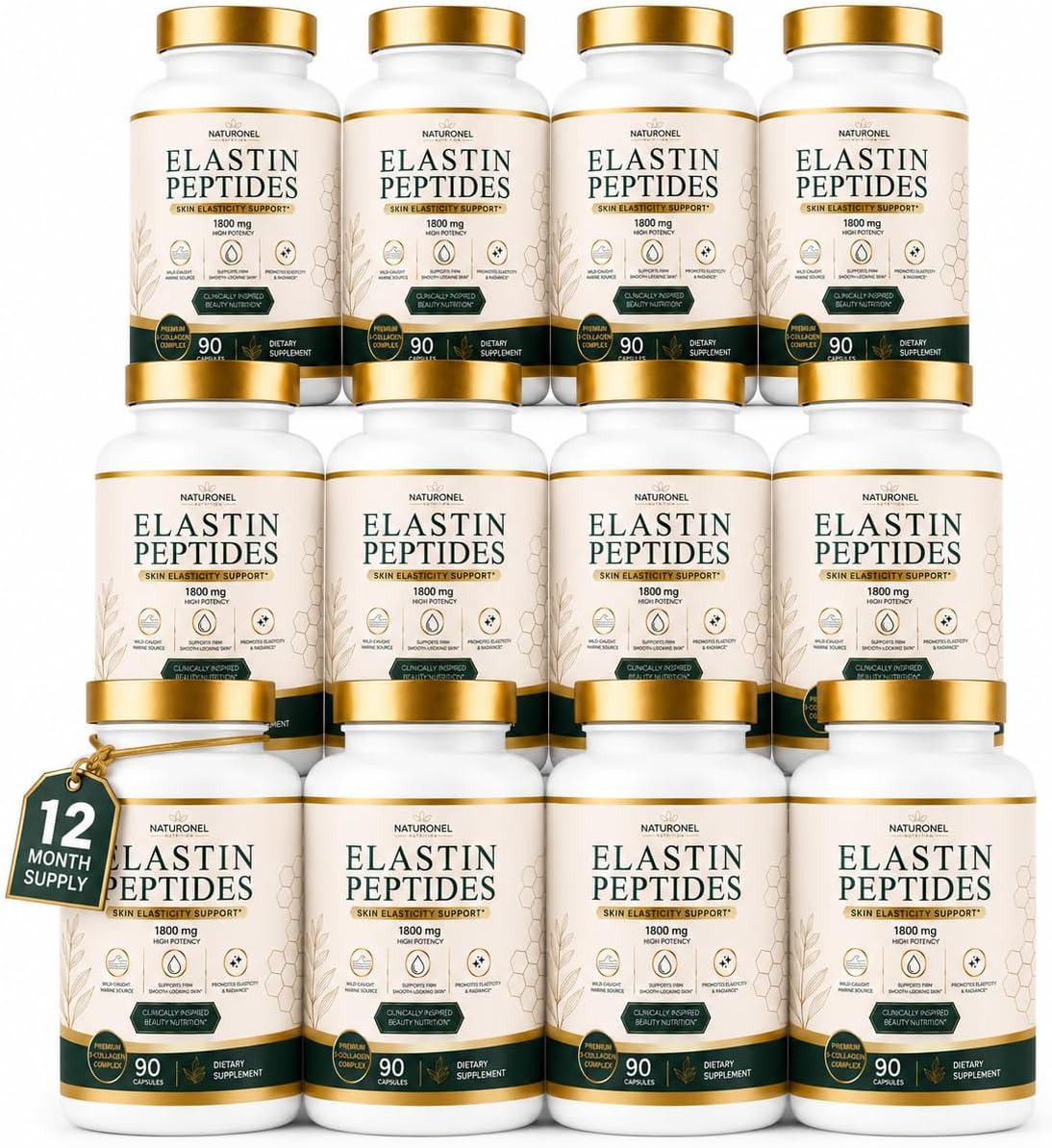 Elastin Peptide Skin Tightening Formula (12 Bottles) 1800mg Per Serving, Supports Skin Firmness &amp; Elasticity, Daily Beauty Supplement for Healthy-Looking
