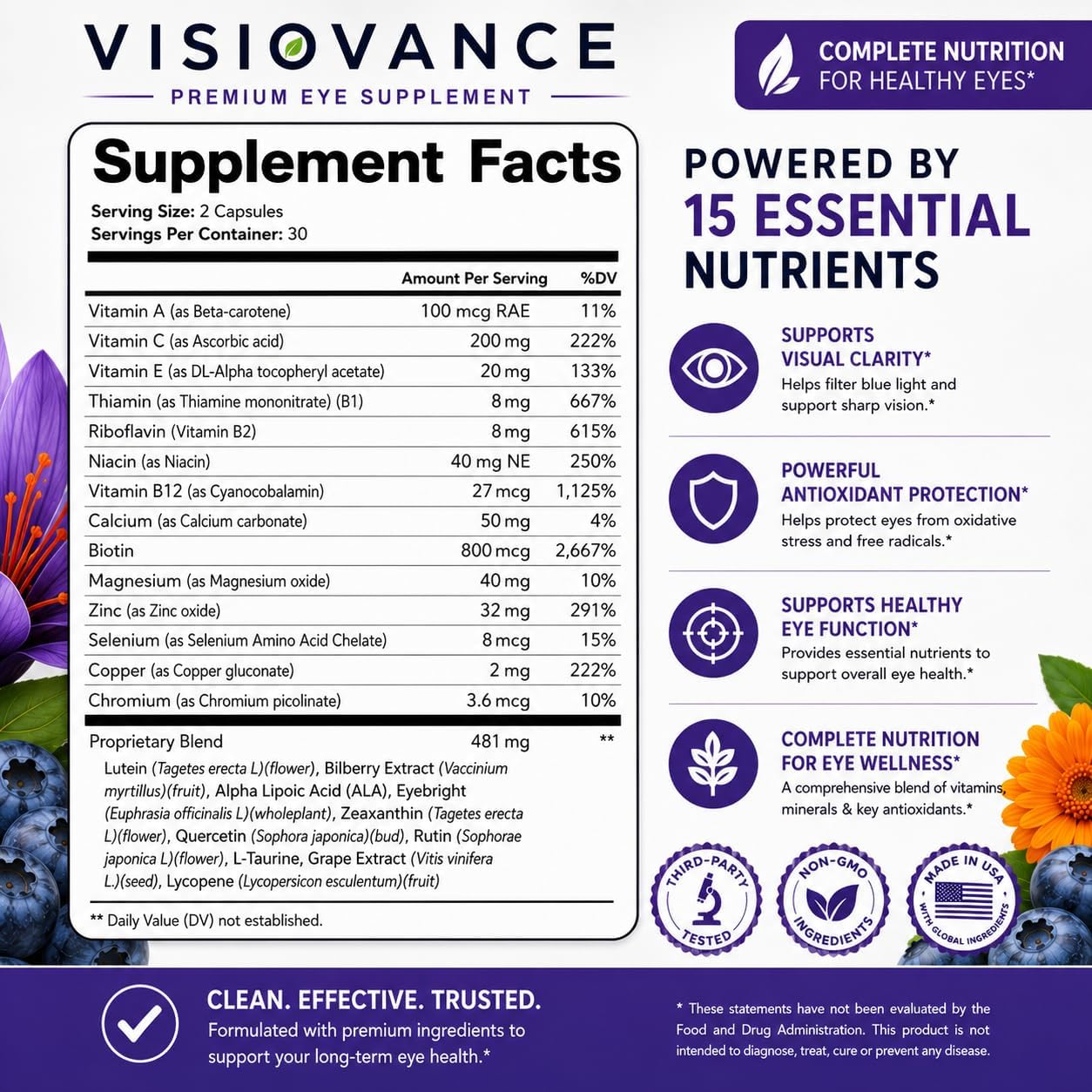 Visiovance 15 in 1 Advanced Eye Formula (3 Bottles) Visiovance Eye Formula | Digital Eye Strain &amp; Night Driving Clarity, All 3 Carotenoids (Lutein, Zeaxanthin), Bilberry