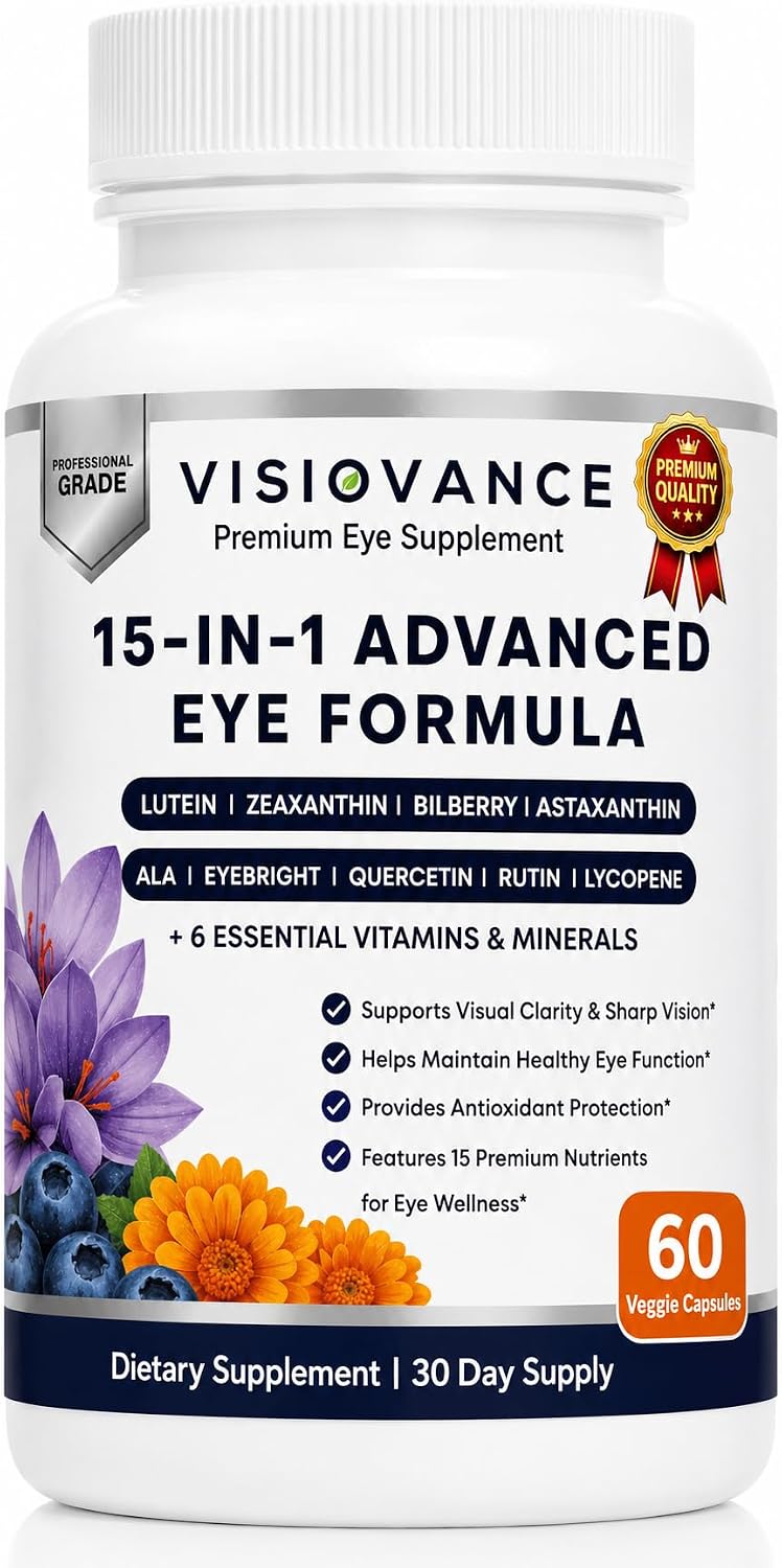 Visiovance 15 in 1 Advanced Eye Formula - Visiovance Eye Supplement | Digital Eye Strain &amp; Night Driving Clarity, All 3 Carotenoids (Lutein, Zeaxanthin), Bilberry - 60 Capsules