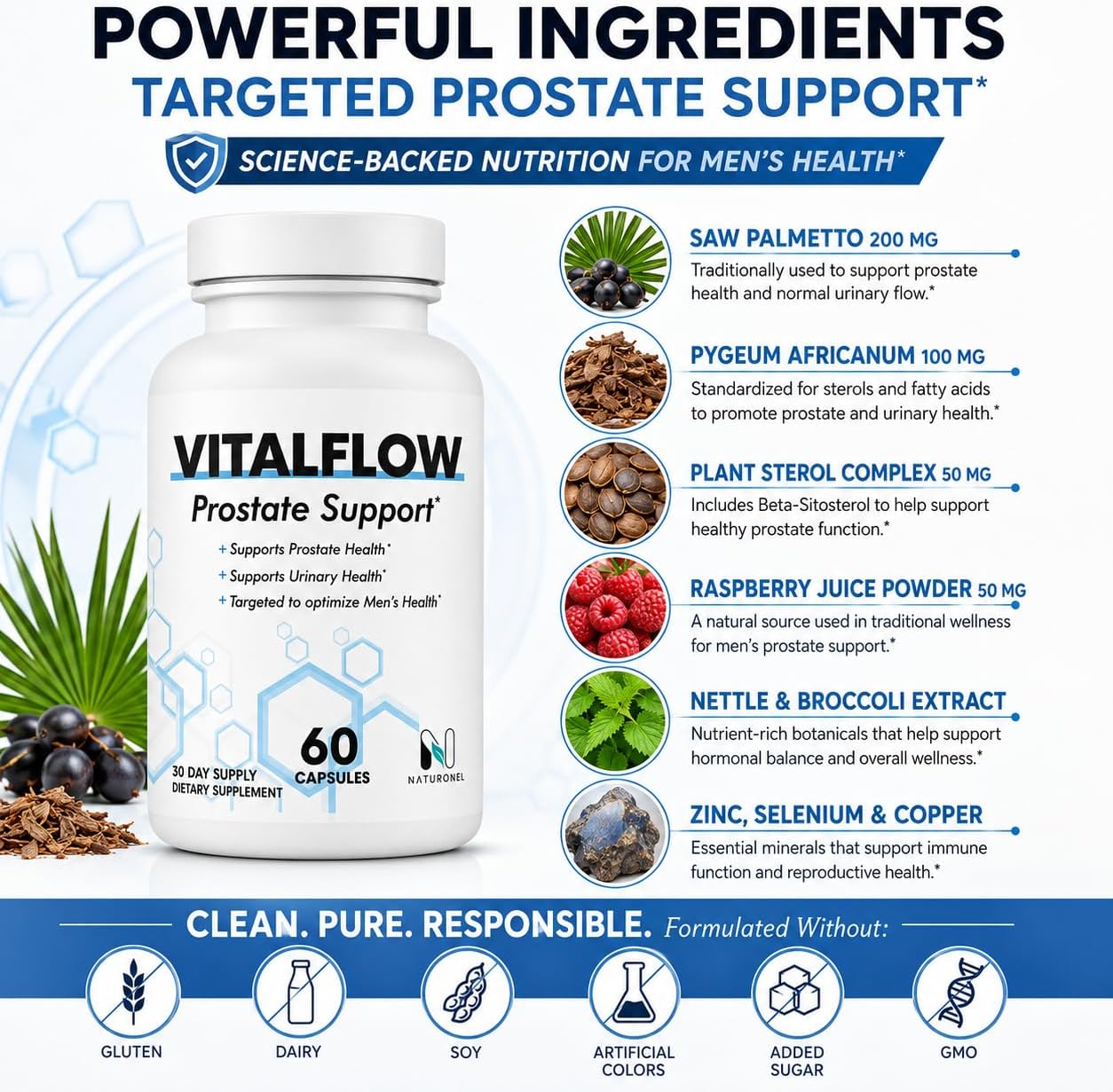 Vitalflow Prostate Support (3-Bottles) with Saw Palmetto 200mg, Pygeum, Plant Sterols, Mushroom Blend, Zinc &amp; Selenium - Supports Urinary Flow, Bladder Health &amp; Prostate Wellness | Vital flow