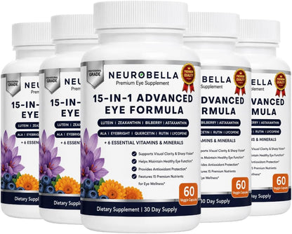 Neurobella 15-in-1 Advanced Eye Formula (5 Bottles) Neurobella Eye Formula | Digital Eye Strain &amp; Night Driving Clarity, All 3 Carotenoids (Lutein, Zeaxanthin), Bilberry