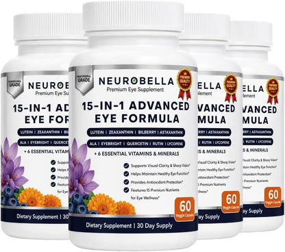 Neurobella 15-in-1 Advanced Eye Formula (4 Bottles) Neurobella Eye Formula | Digital Eye Strain &amp; Night Driving Clarity, All 3 Carotenoids (Lutein, Zeaxanthin), Bilberry