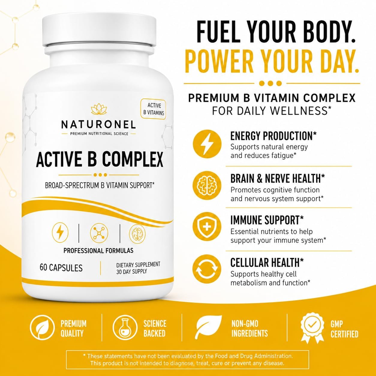 Active B Complex (4 Bottles) Vitamin B Complex Supplement with B1, B2, B3, B5, B6, Folate, B12, Vitamin C, Biotin, Choline &amp; Inositol – Energy Metabolism &amp; Nervous System Support