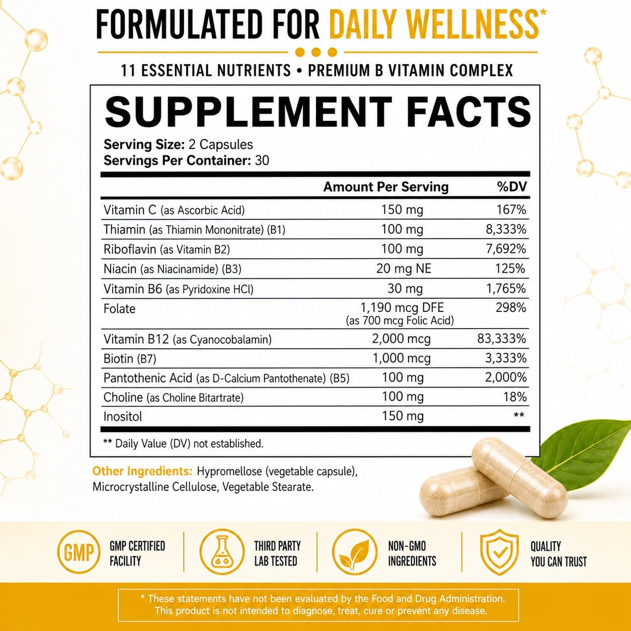 Active B Complex (12 Bottles) Vitamin B Complex Supplement with B1, B2, B3, B5, B6, Folate, B12, Vitamin C, Biotin, Choline &amp; Inositol – Energy Metabolism &amp; Nervous System Support
