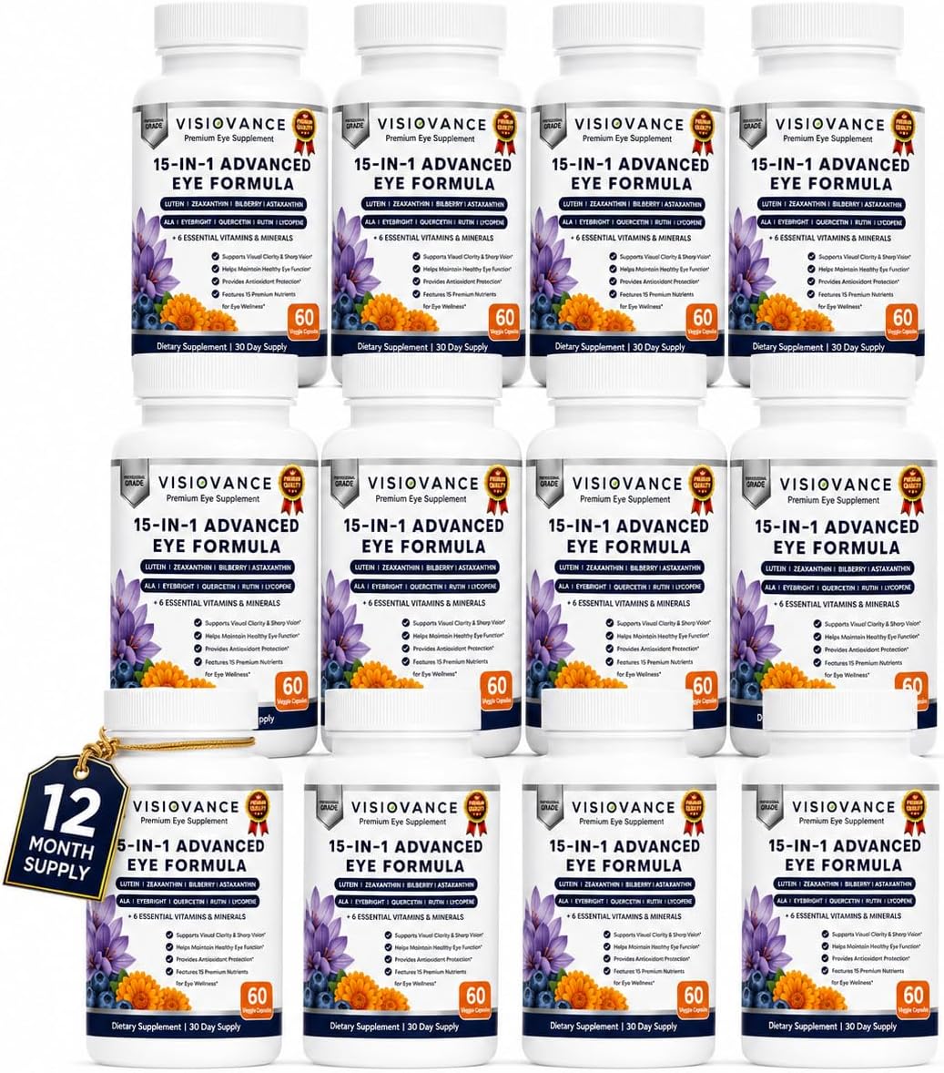 Visiovance 15 in 1 Advanced Eye Formula (12 Bottles) Visiovance Eye Supplement | Digital Eye Strain &amp; Night Driving Clarity, All 3 Carotenoids (Lutein, Zeaxanthin), Bilberry