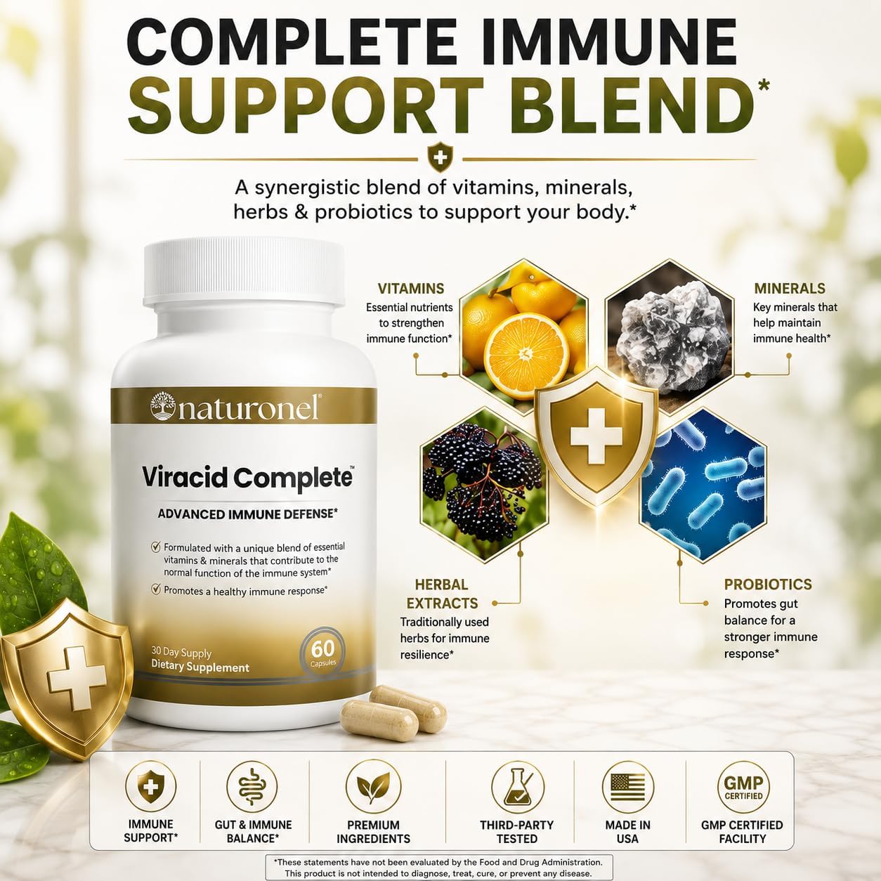 Viracid Complete (12-Pack) Comprehensive Immune Formula with Elderberry, Echinacea, Garlic, Zinc, L-Glutamine &amp; Turmeric 95% Curcuminoids | Premium Supplement, Made in USA, GMP Certified