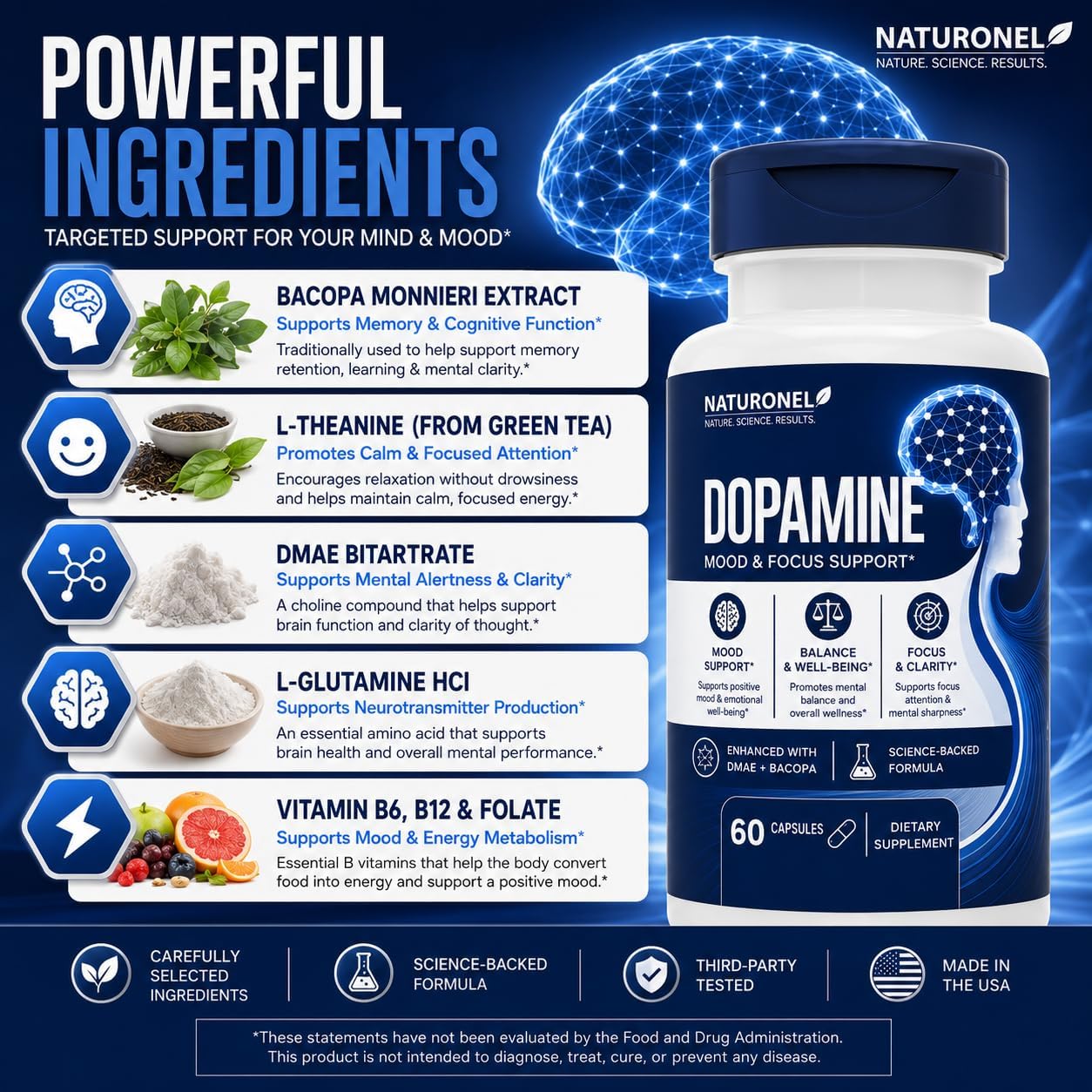 Dopamine Brain Food | Dopamine Supplement (6-Pack) Mood Balance, Focus Memory Motivation Energy Support | Cognitive Health &amp; Mental Drive, Vegan Capsules