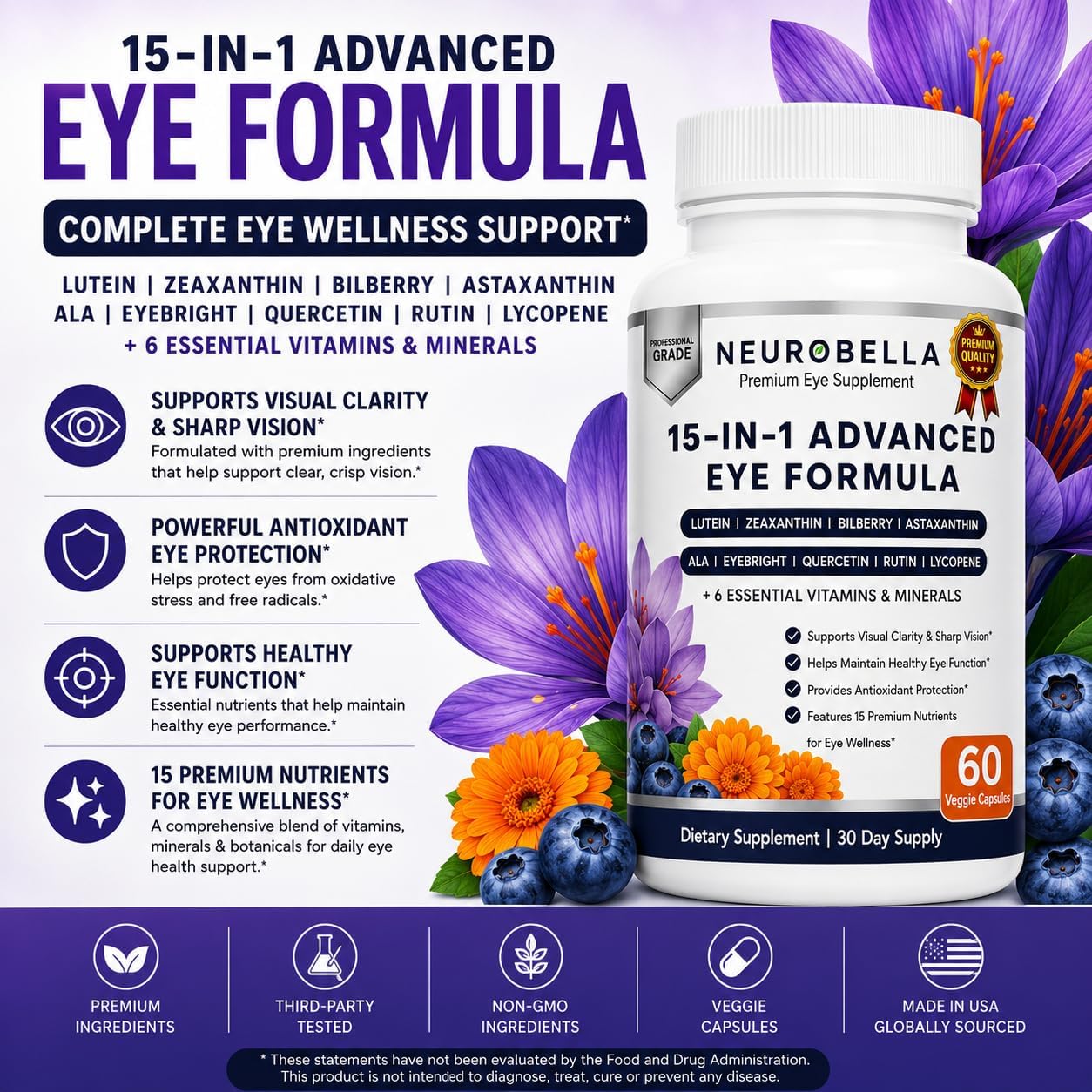 Neurobella 15-in-1 Advanced Eye Formula (4 Bottles) Neurobella Eye Formula | Digital Eye Strain &amp; Night Driving Clarity, All 3 Carotenoids (Lutein, Zeaxanthin), Bilberry