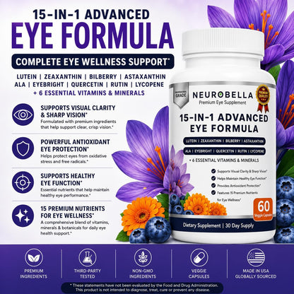 Neurobella 15-in-1 Advanced Eye Formula (4 Bottles) Neurobella Eye Formula | Digital Eye Strain &amp; Night Driving Clarity, All 3 Carotenoids (Lutein, Zeaxanthin), Bilberry
