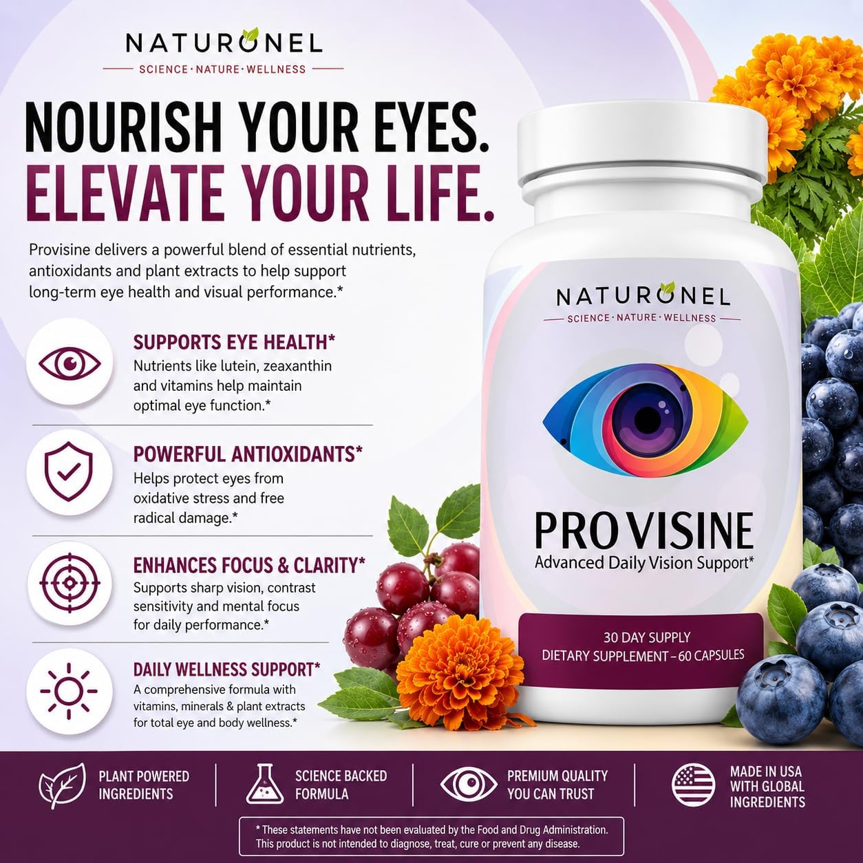 Provisine Vision Support Supplement (4 Bottles) Eye Vitamins with Lutein, Zeaxanthin, Bilberry, Eyebright, Alpha Lipoic Acid, Taurine, Vitamin A C E &amp; Zinc – Daily Eye Health Formula