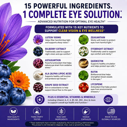 Neurobella 15-in-1 Advanced Eye Formula (10 Bottles) Neurobella Eye Formula | Digital Eye Strain &amp; Night Driving Clarity, All 3 Carotenoids (Lutein, Zeaxanthin), Bilberry
