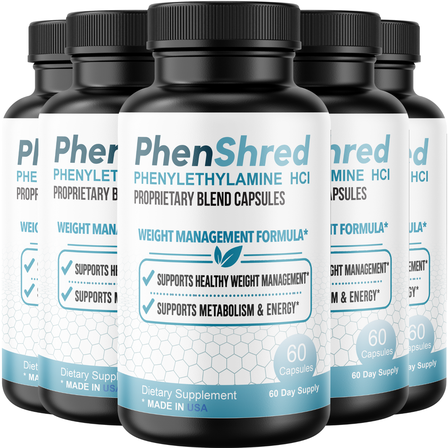 PhenShred (5 Pack) Phenylethylamine HCl Capsules with Caffeine, Green Tea, L-Carnitine & Glucomannan Energy & Metabolism Support Supplement