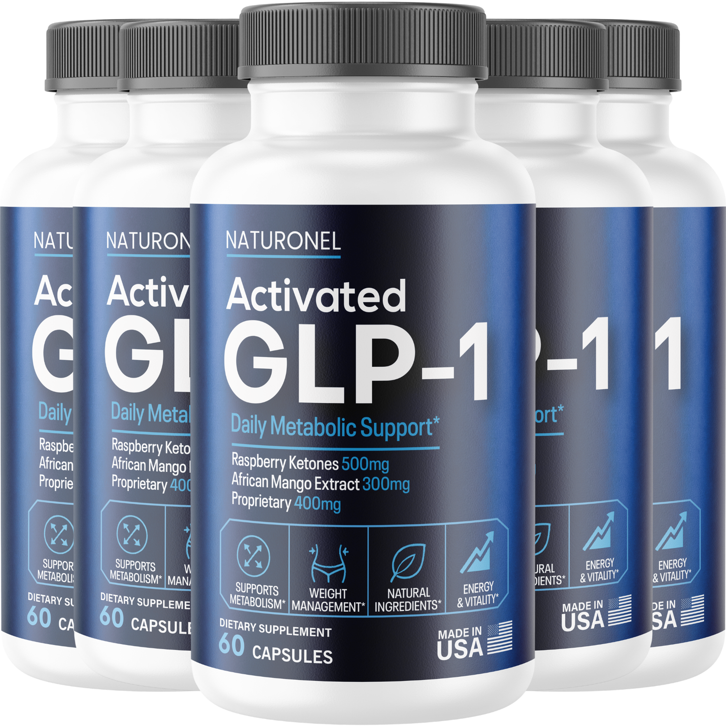 Activated GLP-1 (5 Pack) Daily Metabolic Support – Raspberry Ketones 500mg, African Mango 300mg, Green Tea, Apple Cider Vinegar & Kelp Blend – Energy & Weight Management Formula