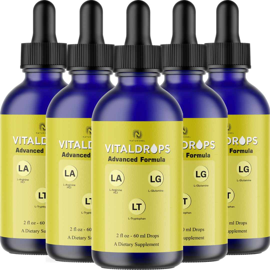 VitalDrops 3-in-1 Advanced Formula (5 Pack) – L-Arginine HCl, L-Glutamine & L-Tryptophan Liquid Drops – Lemon Flavor