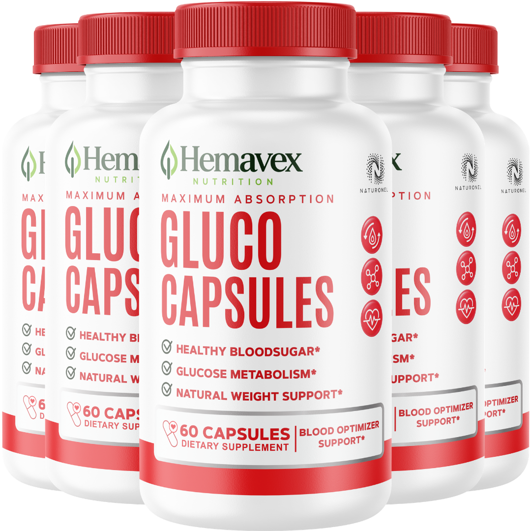 Hemavex (5 Pack) Nutrition Gluco Capsules – Advanced Glucose Metabolism Formula with Banaba, Chromium, Alpha Lipoic Acid, Cinnamon, Gymnema & Biotin – Daily Wellness Supplement