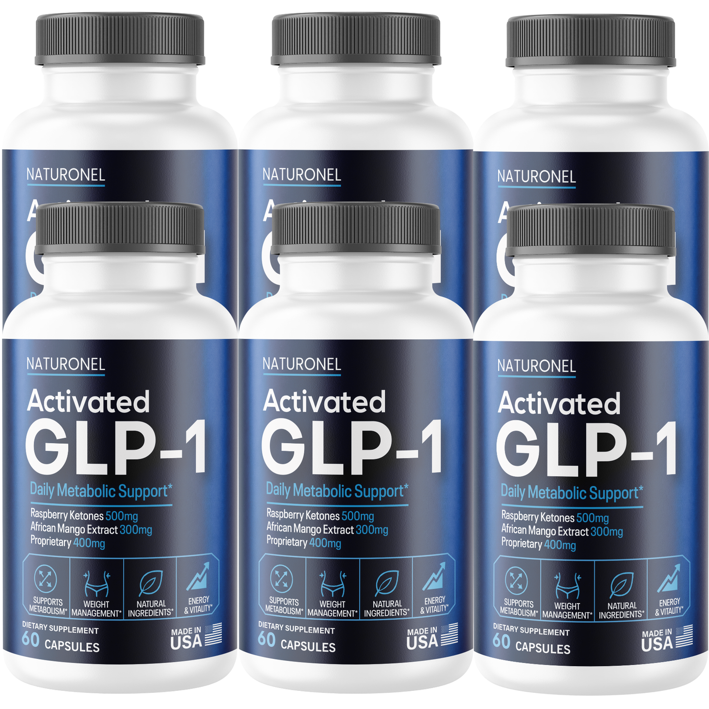 Activated GLP-1 (6 Pack) Daily Metabolic Support – Raspberry Ketones 500mg, African Mango 300mg, Green Tea, Apple Cider Vinegar & Kelp Blend – Energy & Weight Management Formula