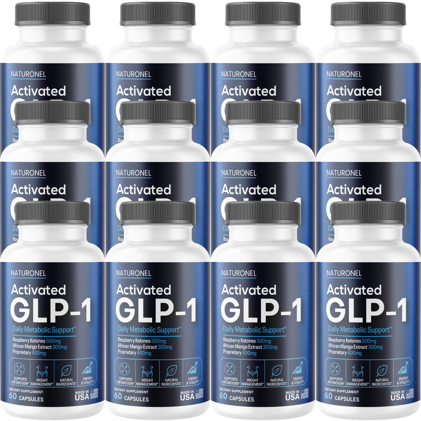 Activated GLP-1 (12 Pack) Daily Metabolic Support – Raspberry Ketones 500mg, African Mango 300mg, Green Tea, Apple Cider Vinegar & Kelp Blend – Energy & Weight Management Formula