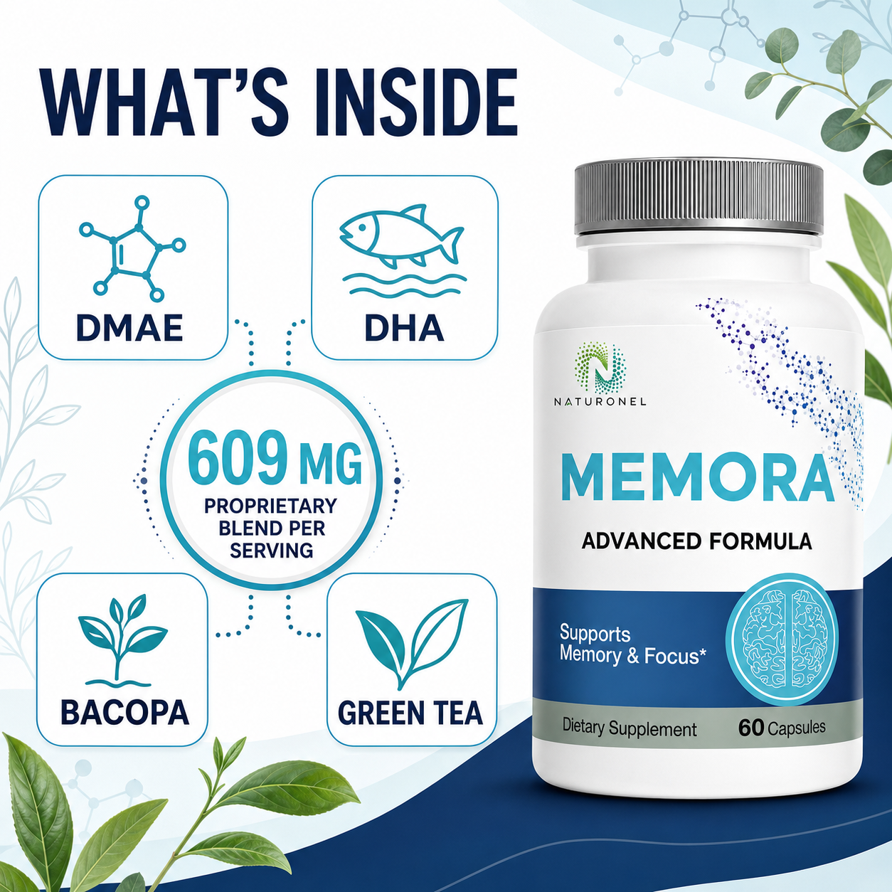 MEMORA Brain Support Supplement – Advanced Memory & Cognitive Focus Formula with DHA, DMAE & Bacopa – 60 Capsules