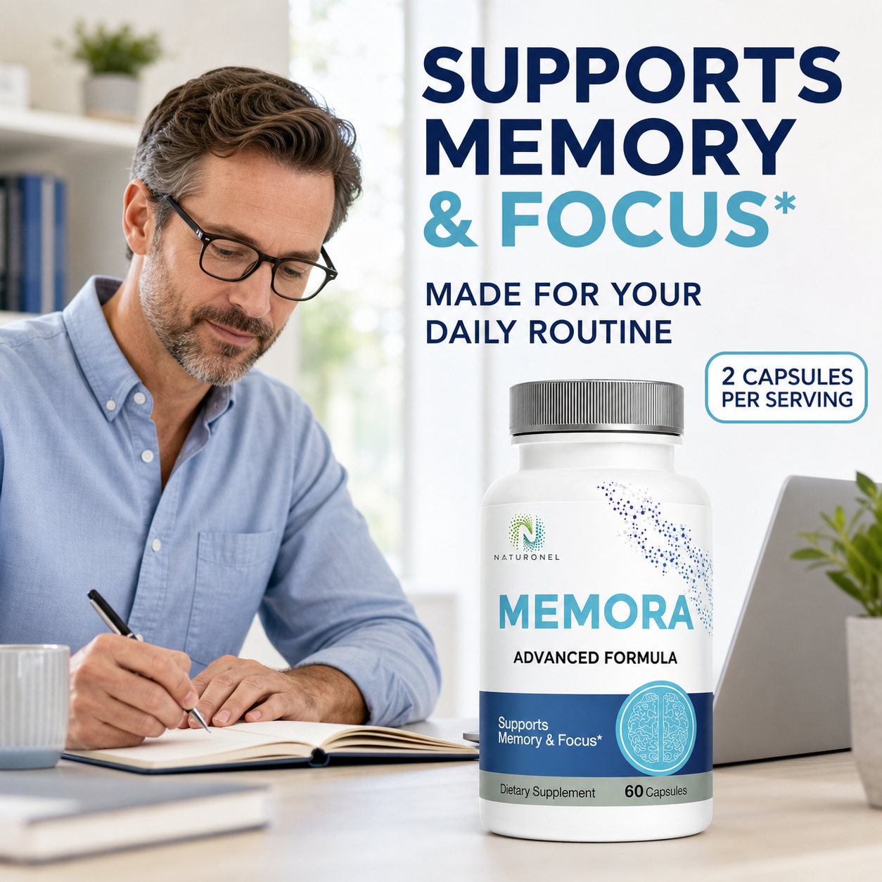 MEMORA Brain Support Supplement – Advanced Memory & Cognitive Focus Formula with DHA, DMAE & Bacopa – 60 Capsules