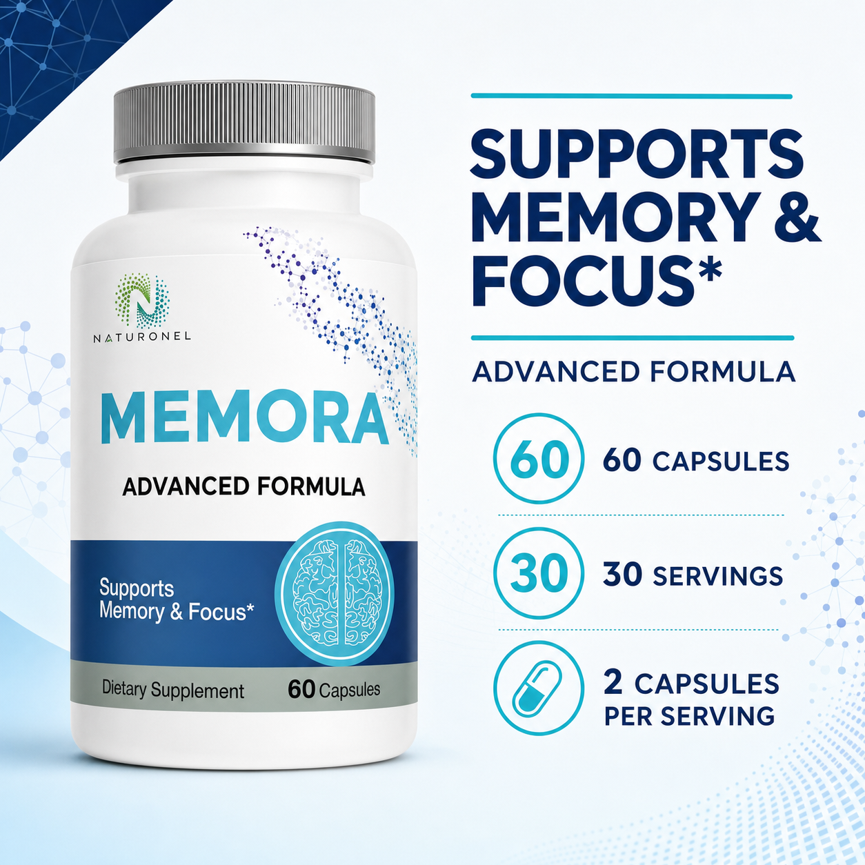 MEMORA Brain Support Supplement – Advanced Memory & Cognitive Focus Formula with DHA, DMAE & Bacopa – 60 Capsules