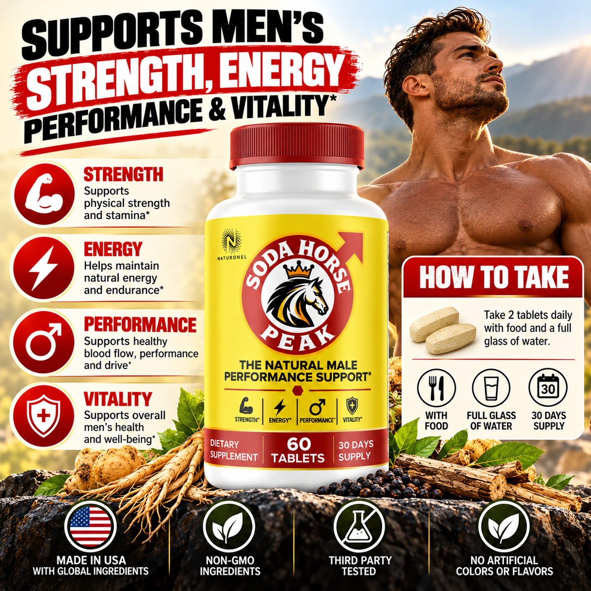 Soda Horse Peak (12 Pack) – Men's Performance & Vitality Supplement with Longjack, L-Arginine, Maca Root & Ginseng