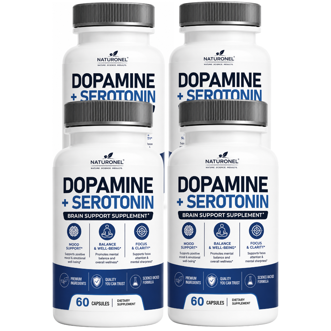 Dopamine + Serotonin (4 Pack) Advanced Brain Support Supplement with DMAE, Bacopa, Green Tea Extract, GABA, Phosphatidylserine, Huperzine A, DHA, Vitamins & Minerals