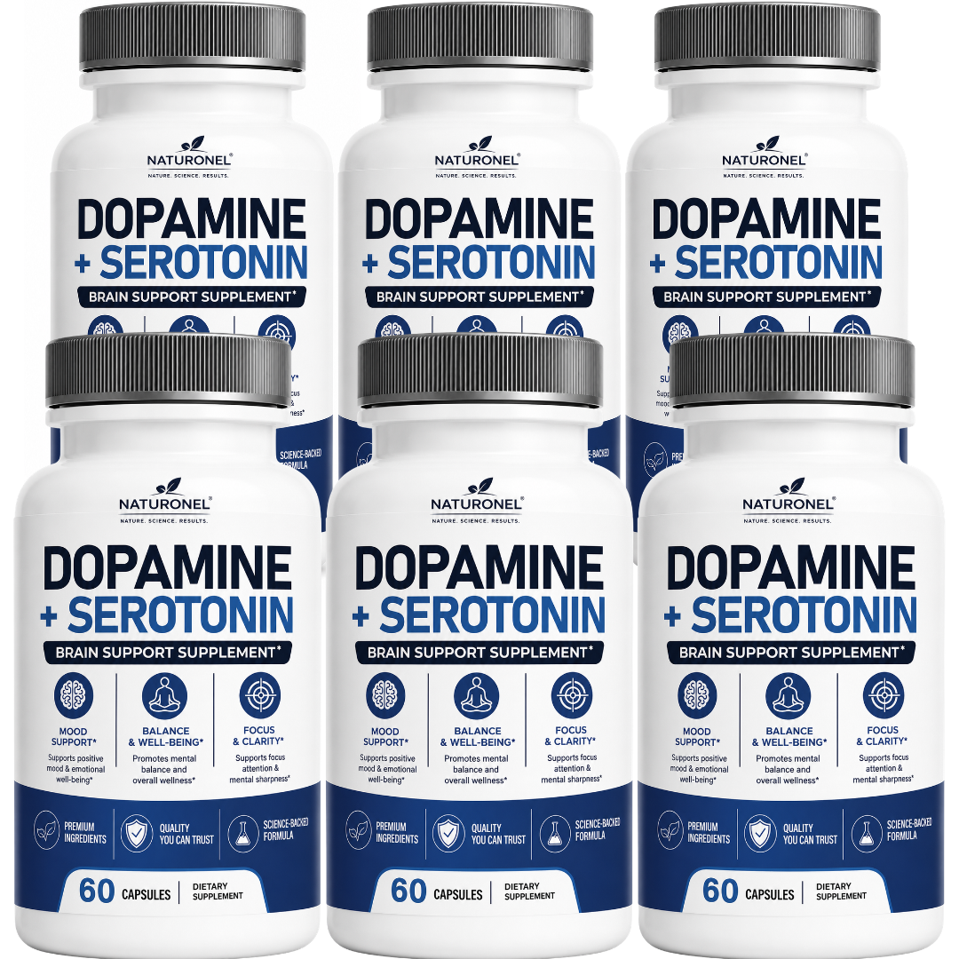 Dopamine + Serotonin (6 Pack) Advanced Brain Support Supplement with DMAE, Bacopa, Green Tea Extract, GABA, Phosphatidylserine, Huperzine A, DHA, Vitamins & Minerals