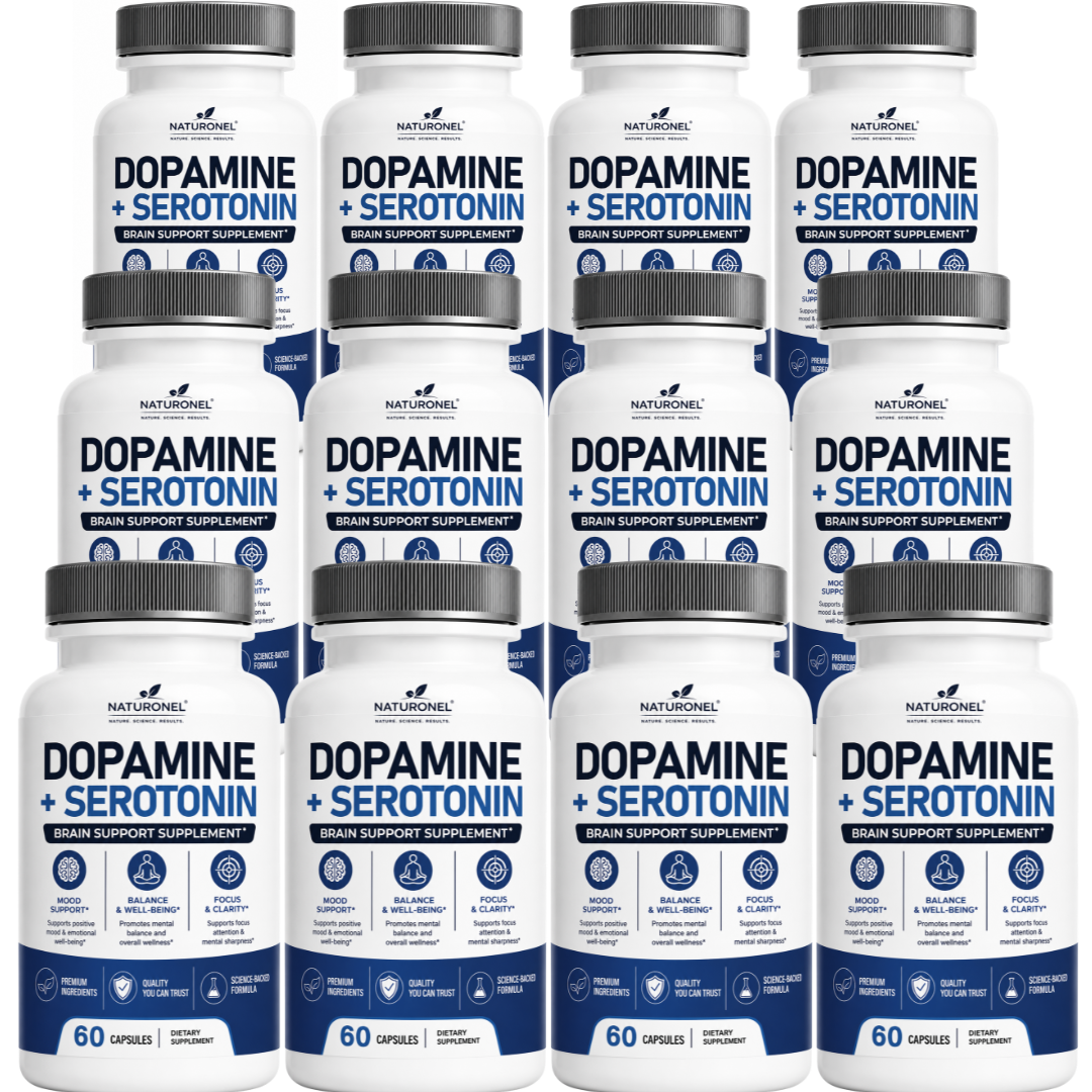 Dopamine + Serotonin (12 Pack) Advanced Brain Support Supplement with DMAE, Bacopa, Green Tea Extract, GABA, Phosphatidylserine, Huperzine A, DHA, Vitamins & Minerals